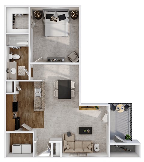 a stylized floor plan with a bedroom and a living room